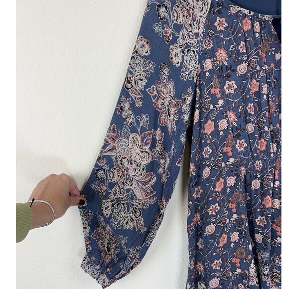 Free People Boho Romantic S Floral Mini Dress Blue Peasant Cottagecore Flowy - Picture 7 of 8